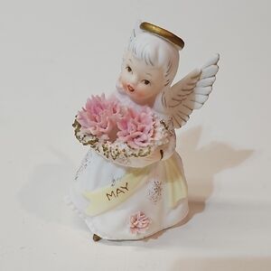 Vintage Lefton Birthday Angel Of The Month - May, Pink Carnations, #3332